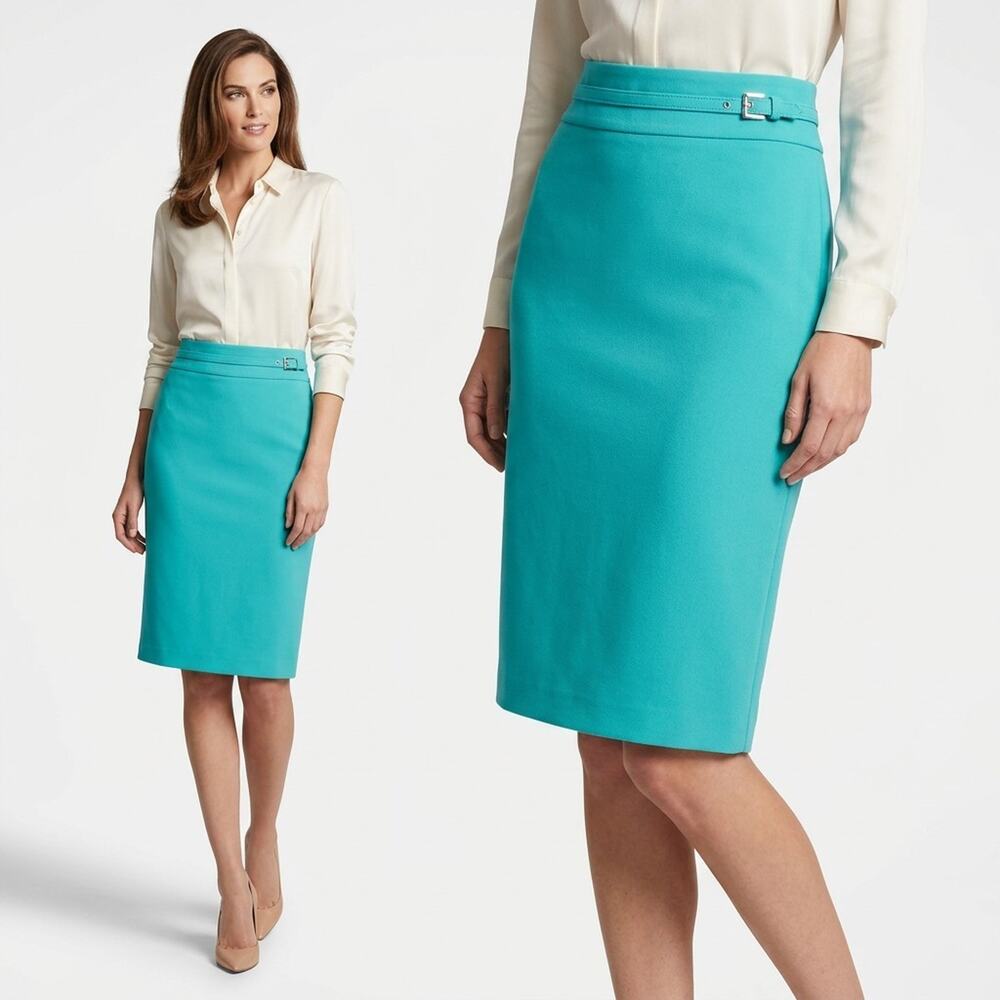Eva Mendes New York & Company Teal Blue Pencil Skirt Size 4 Buckle Accent NWT